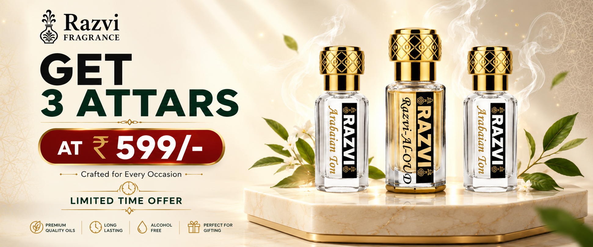 Razvi Fragrances limited time offer - get 3 attars at Rs 599