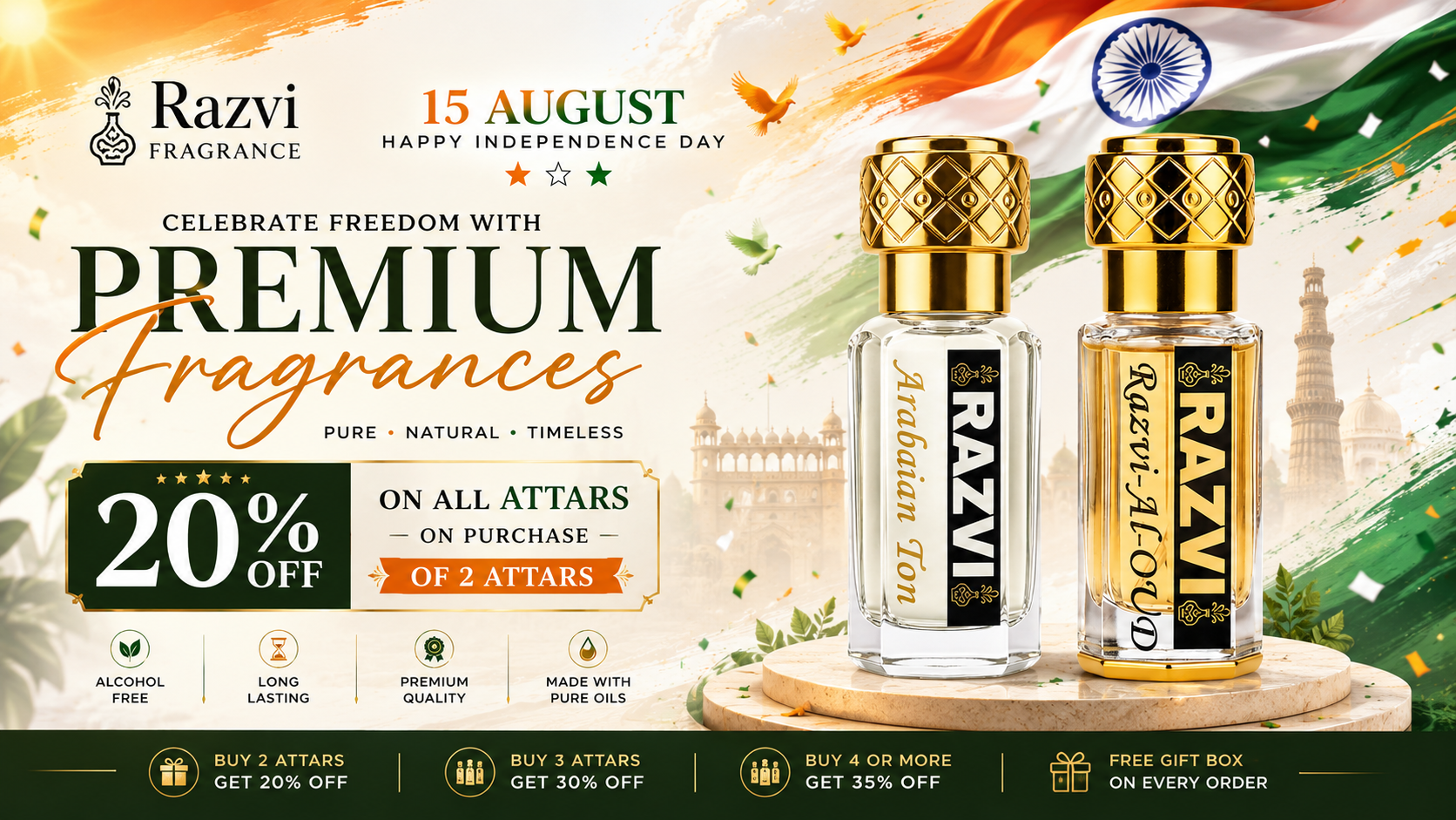 Razvi Fragrances 15 August Independence Day sale banner - 20% off on all attars